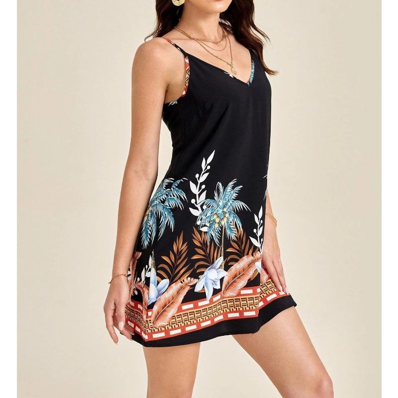 YYFS Women's Fashion Summer Spring Flower Pattern Print Sleeveless V-Neck Middle Waistline Casual Dresses