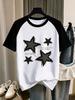 Women's Black Star and Heart Pattern Print Raglan Sleeve T Shirt Y2k Graphic Crew Ncek Top Vintage T-shirt Clothes Outfit Female