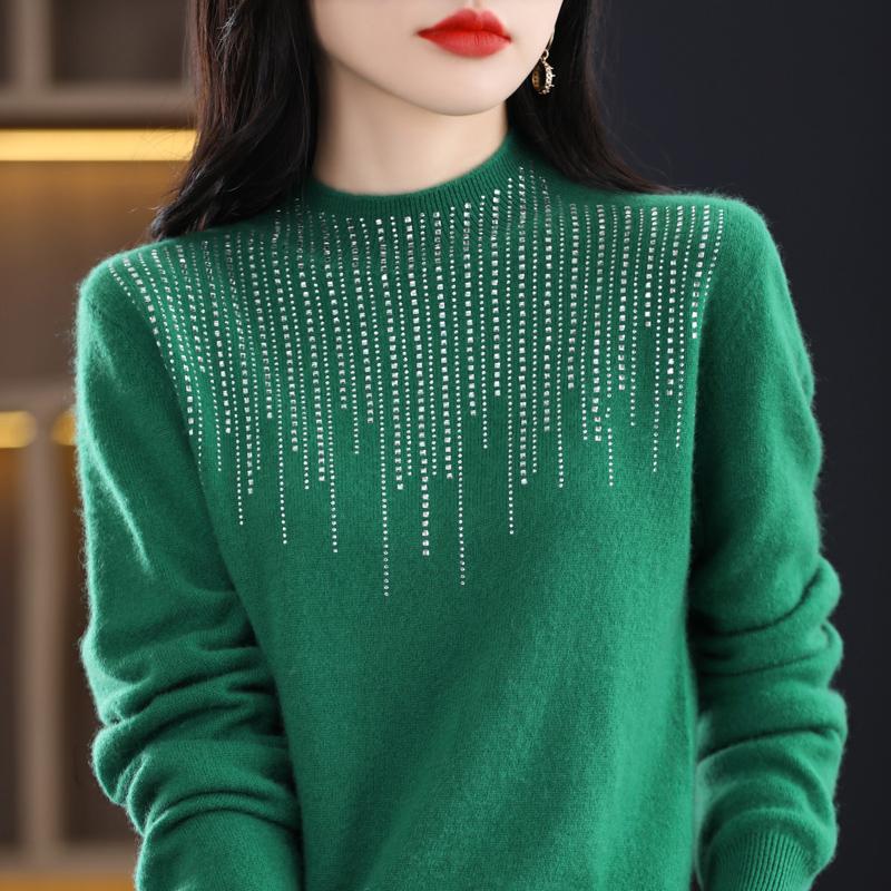 Women's Half Turtleneck Diamond Sweater, Qinghe Cashmere, 30% Cashmere 70% Wool, Winter Knitted Pullover Autumn Sweater Cashmere Sweater