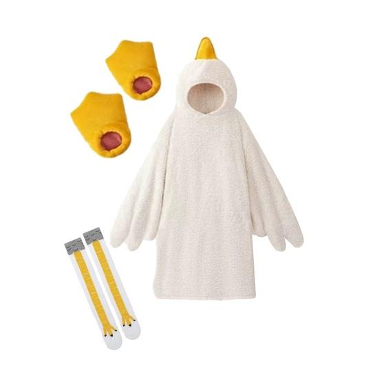 1 set Gåsfiltshoodie, Unisex Tecknad Pyjamas Set, Överdimensionerad Mjuk Varm Bodysuit med Gul Näbb Design, Vinterfest Sovkläder för Vuxna Barn