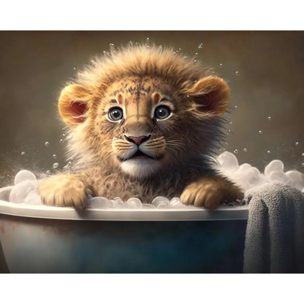 Cute Baby Lion Tiger In Bathtub Wall Art Canvas Painting Animals Bathing Funny Bathroom Art Poster Prints Picture Room Decor