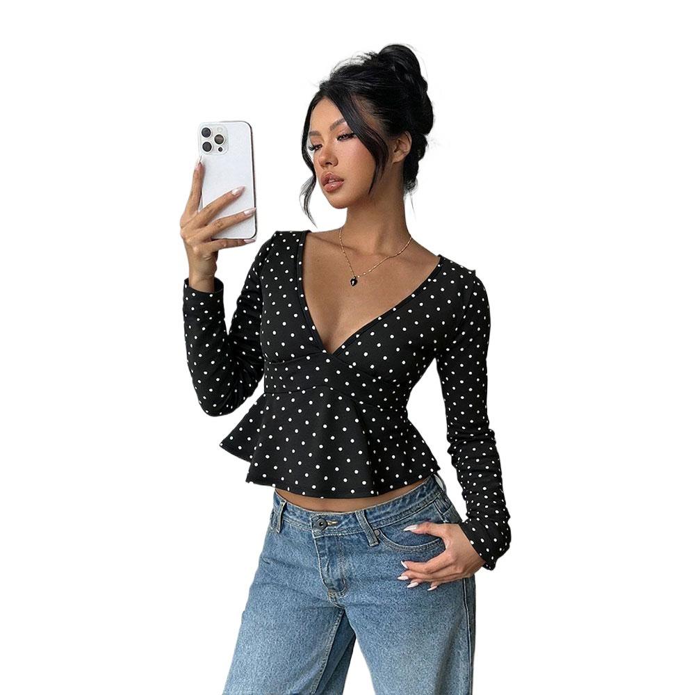 Polka dot V-neck waist long-sleeved T-shirt for women's light and mature temperament Spice girls slim and thin bottoming tops