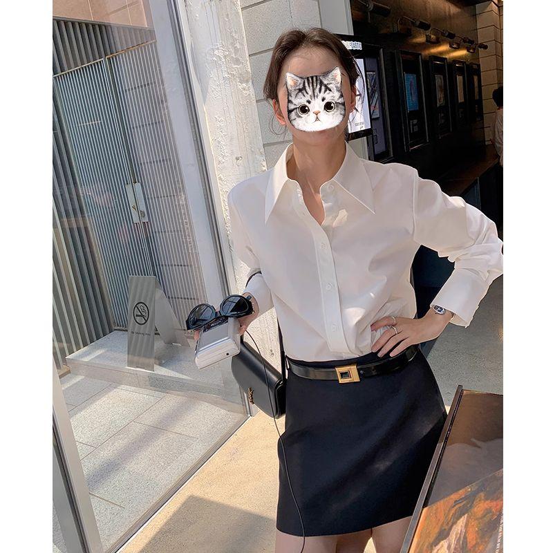 

2025 Spring and Summer Pointed Collar White Shirt for Women Stylish Chic Loose Slim Looking Bandage Dress Casual Slim Looking Anti-Wrinkle Ol Blouse Pearl White S