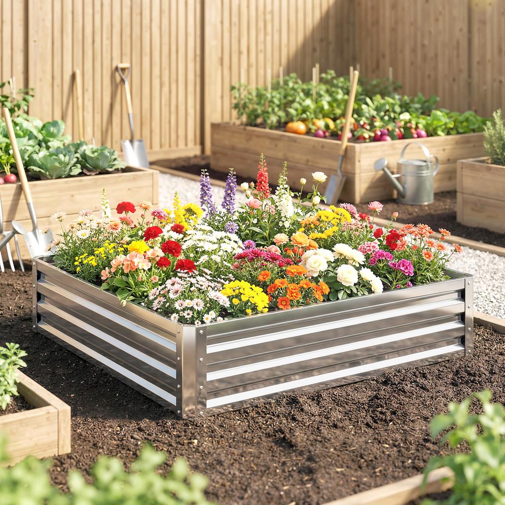 Square Raised Garden Bed Box with Weatherized Steel Frame for Vegetables, Flowers, & Herbs, 120 X 120 X 30cm, Silver Tone