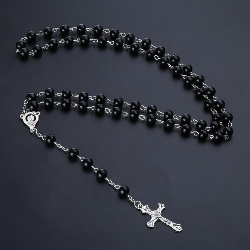 Catholic Imitation Pearl Beads Rosary Necklace Medal Cross Pendant Religious Jewelry First Communion Gift for Girl Women