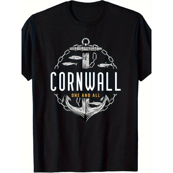 Cornwall One and All Vintage Celtic Knot  Cornish Flag T-Shirt - Black with White Cornwall Map  Anchor Design, Unisex Casual Round Neck Short S чёрный