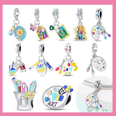 Copper Artist Brush Tools Color Palette Oil Painting Charms Girl Beads Fit Necklace Bracelets Diy Jewelry Gifts