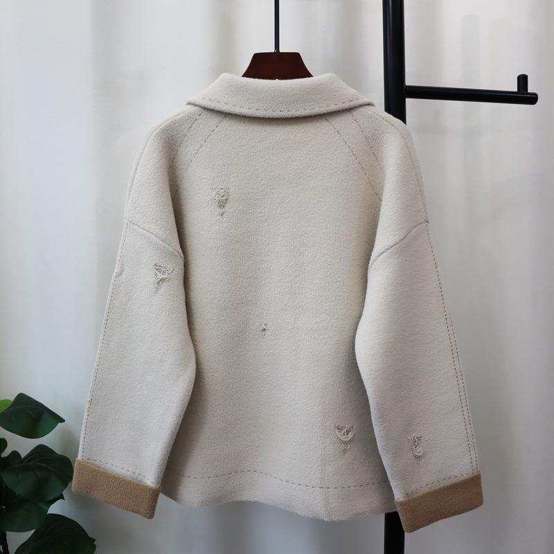 Autumn and winter new lapel design sense niche knitted double-sided woolen cardigan temperament sweater jacket women