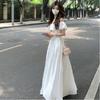 Women's White Off-Shoulder Ruffle Dress - Summer Vacation French Style, Slimming Waist, Backless, Long Design