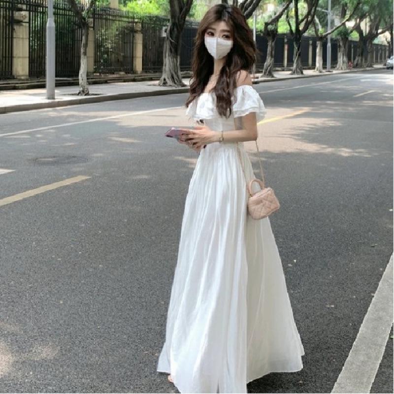 Women's White Off-Shoulder Ruffle Dress - Summer Vacation French Style, Slimming Waist, Backless, Long Design