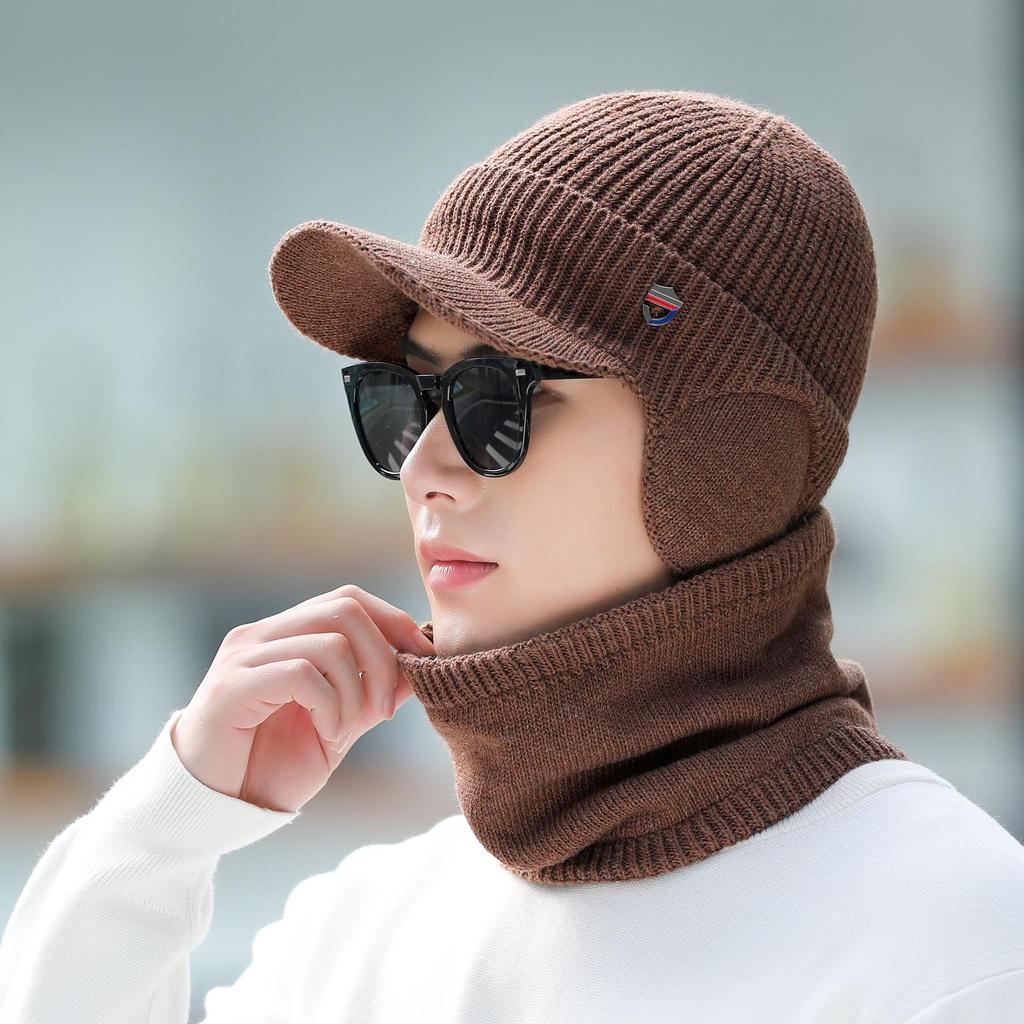 Men's Windproof Cold-proof Solid Color Warm Plush Stretchy Hats Autumn Winter Ear Protection Large Size Outdoor Knitted Hats