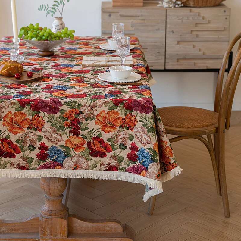 High End Home Floral Countryside Cotton Linen Fabric Tablecloth Rectangular Dining Table Cloth Decorative Cloth