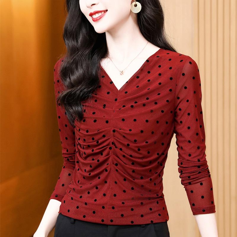 Primavera Nuevo Cuello en V Lunares Temperamento Plisado Slim Manga Larga Malla Camiseta Base Versátil Jersey Camiseta Top
