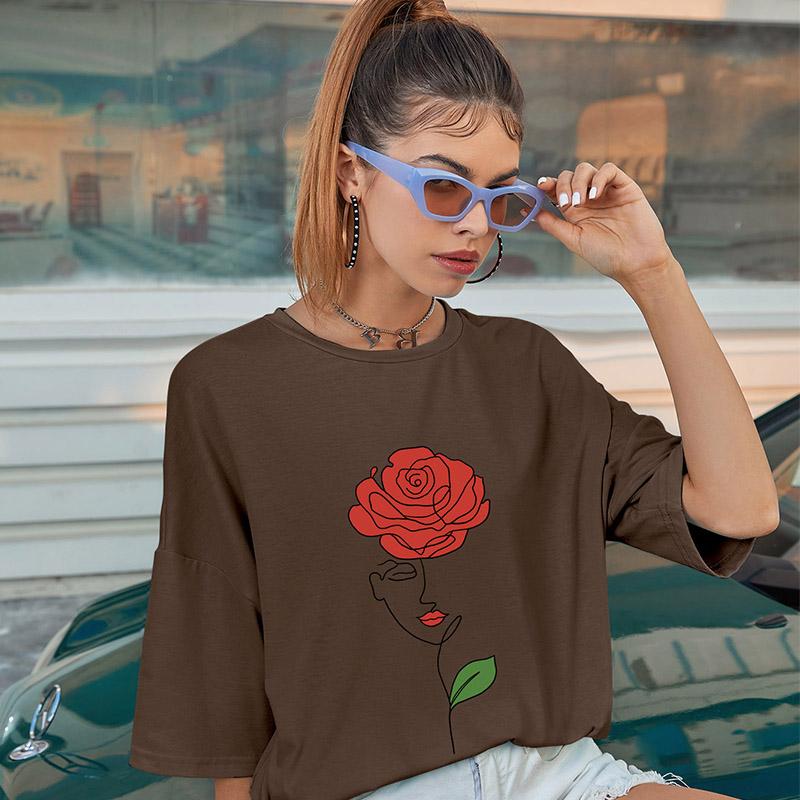 

Женская футболка большого размера с цветной розой и рисунком лица, летняя забавная свободная футболка, женский модный повседневный эстетический топ 3XL коричневый