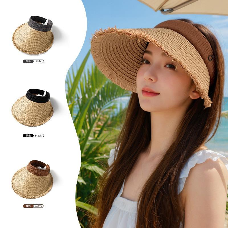 Summer empty top straw hat women's outdoor sunshade sunscreen hat large brim face cover hat solid color straw visor