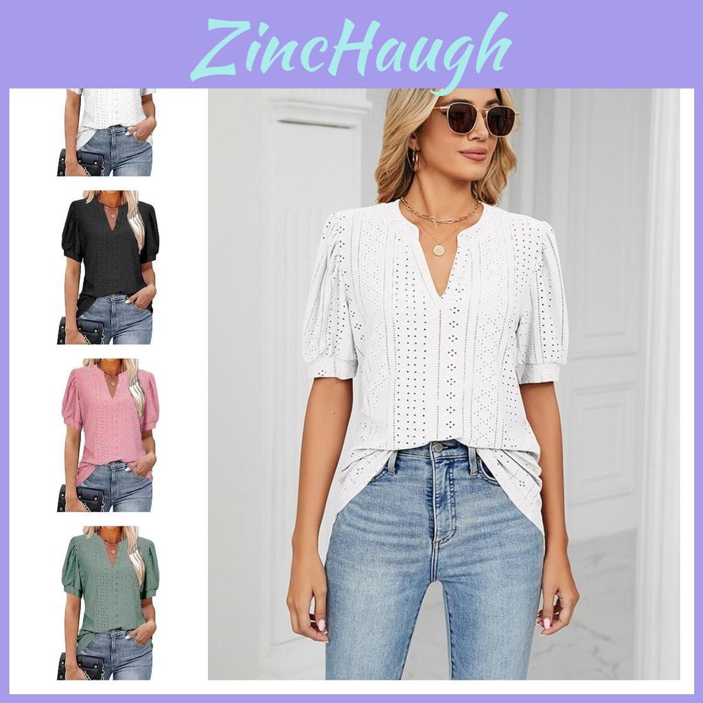 Stylish V-neck Solid Color Blouse With Short Sleeve Cut Out Lace