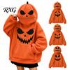Hooded Sweatshirt with Pocket Women Oversized Halloween Pumpkin Hoodie, Fall Long Sleeve Loose Fit Hoodie Pocket, Jack-O-Lantern Holiday Costume