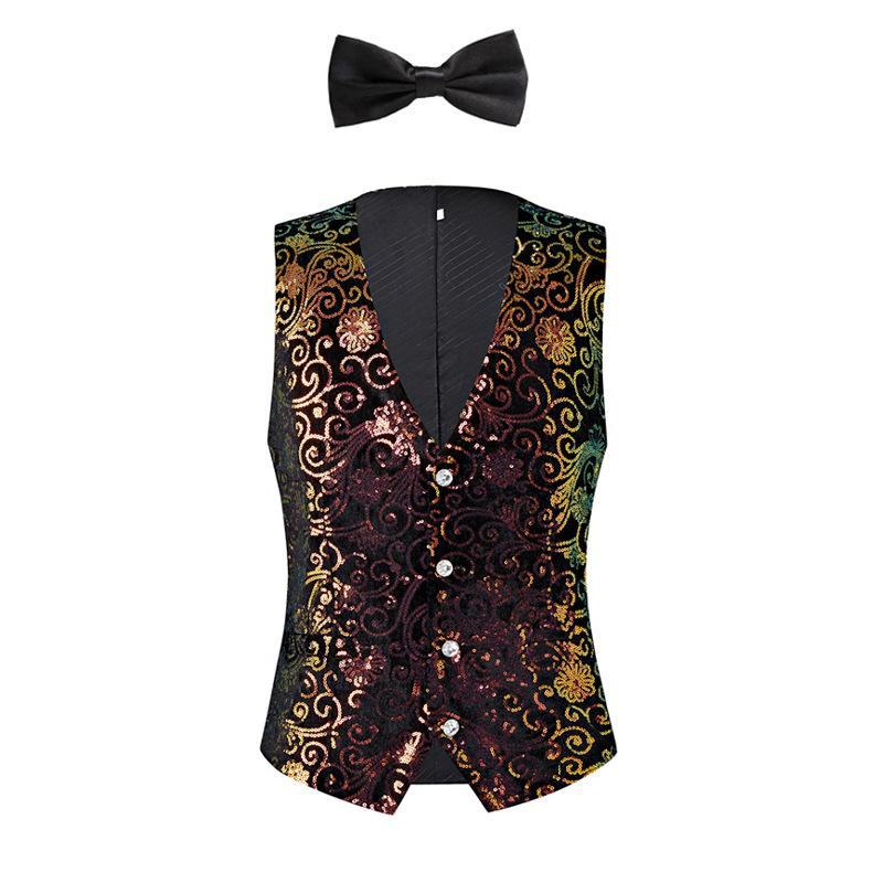

Мужской бархатный костюм с блестками и узором «облако» — жилет для выступлений на сцене королевского синего и зеленого цвета Vest + Bow Tie, M чёрный