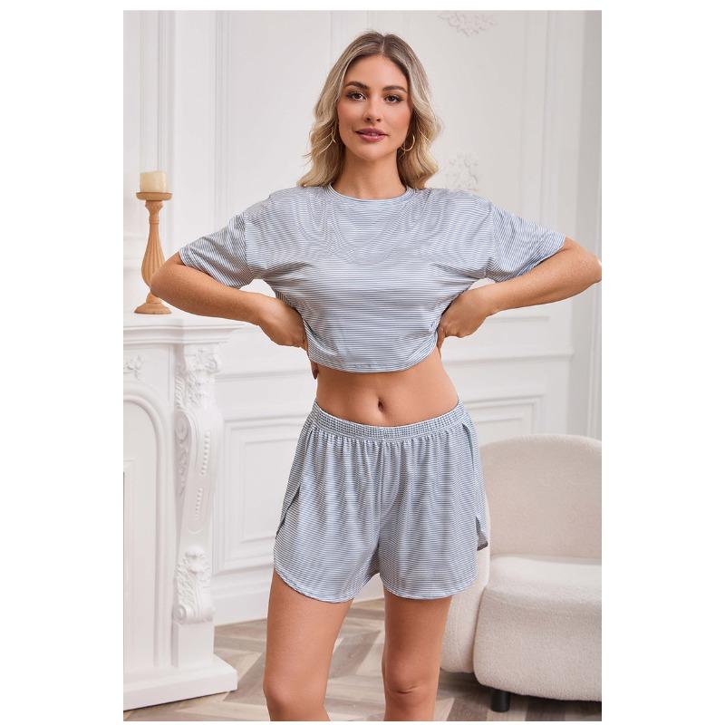 VEZFAA Women's Fashion Spring Summer Stripe Print Short Sleeve O‑Neck Casual Pajama Set