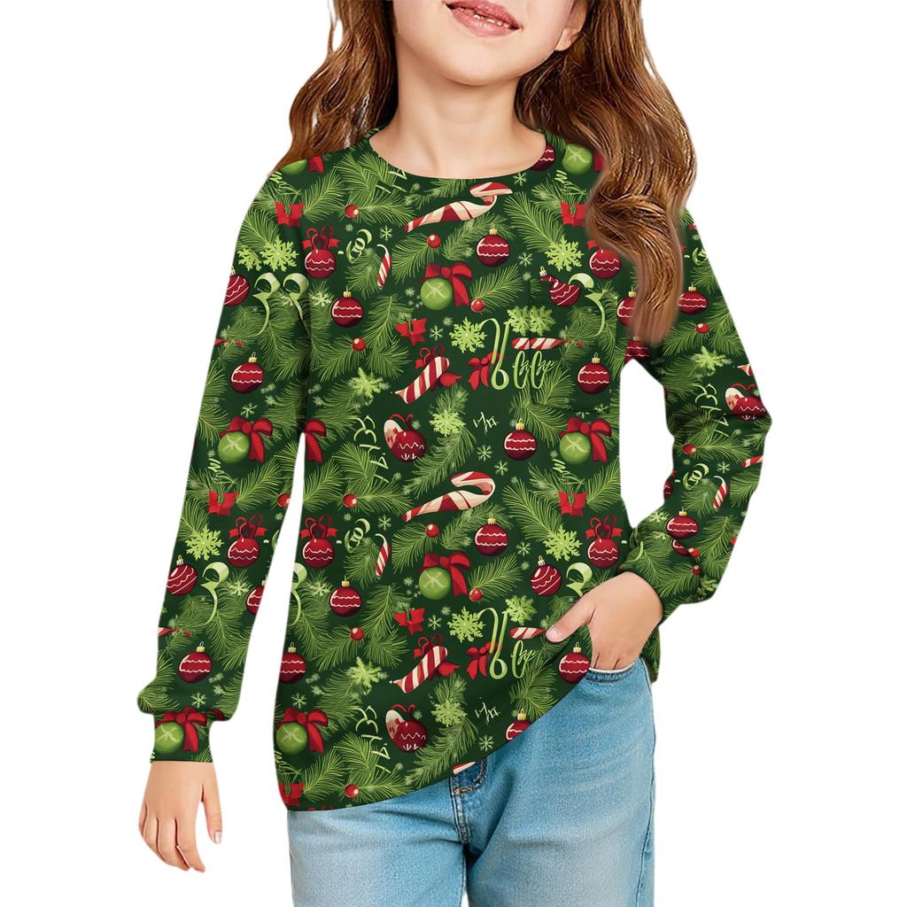 Christmas Day Girls' Long Sleeve Blouse - Round Neck Soft Waist Tunic