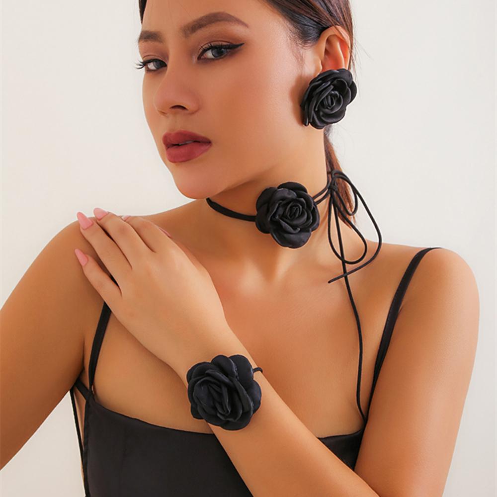 IngeSight.Z Romantic Big Rose Flower Earrings Bracelet Necklace Sets Women Kpop Velvet Rope Chain Party Y2K Wedding Jewelry Sets