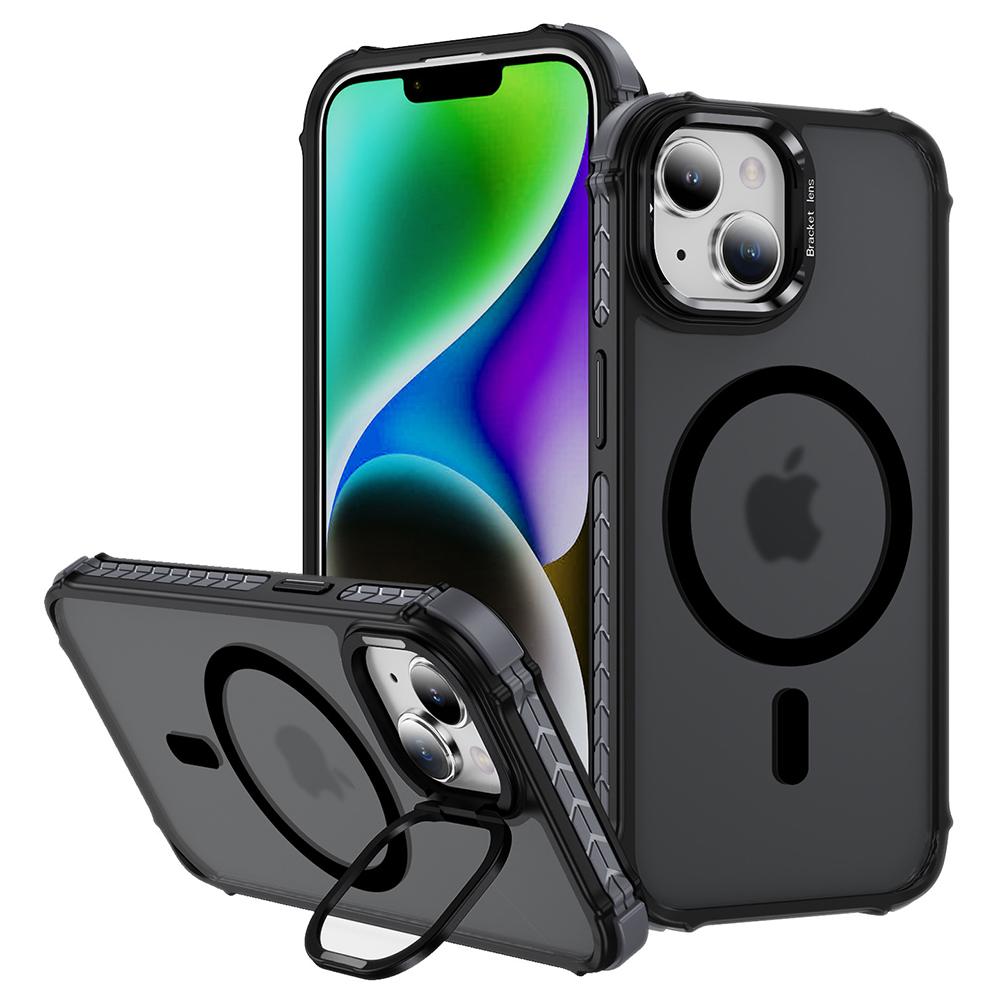 

For iPhone 14 Case with Lens Kickstand Matte Back Cover Compatible with MagSafe Black