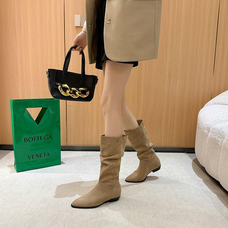 [Ushilai] pointed-toed temperament boots for women's 2025 winter new thick-heeled fashion casual versatile wrinkled boots