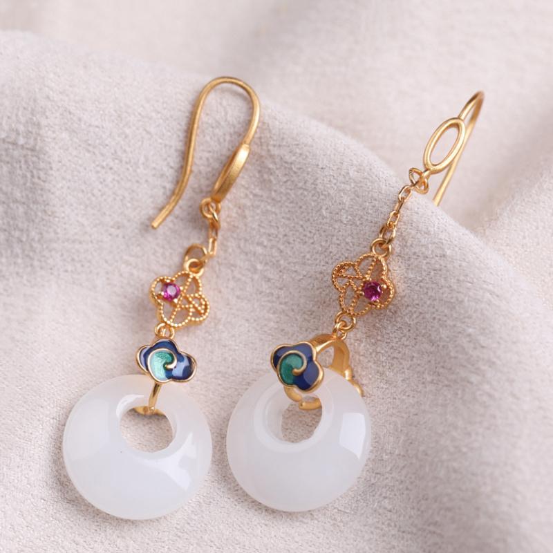 New In Natural An White Jade Round Tassel Earrings For Women Court Style Auspicious Clouds Enamel Exquisite Chain Jewelry