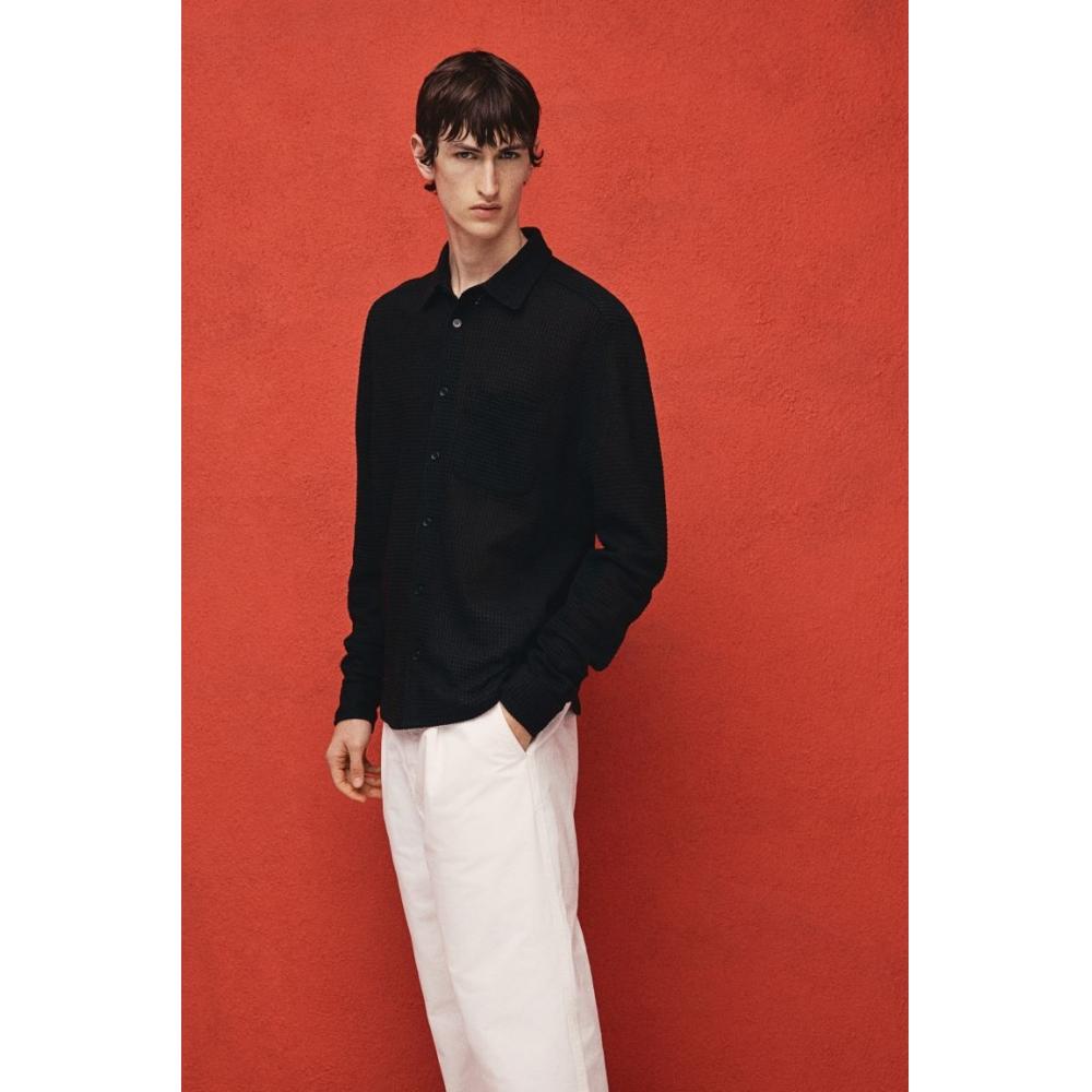 H M Regular Fit Waffle Textured sHirt Navy Blue