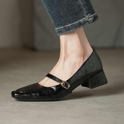 Sheep Skin Summer Spring Autumn Med Heels Buckle Straps Women Square Toe Shallow Pumps