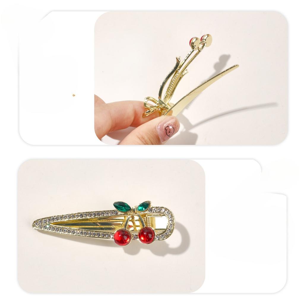 Diamond Metal Red Cherry Hair Clip Sweet Small Exquisite Duckbill Clip Glitter Rhinestone Bangs Side Clip Girls Styling Headwear