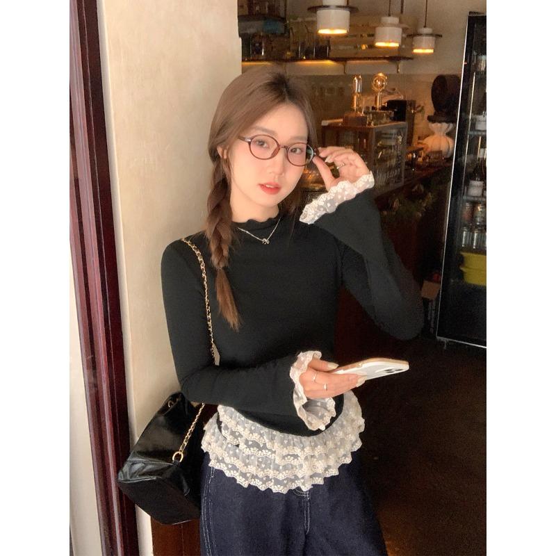 

Футболка женская с кружевом и грибковым кружевом, полувысоким воротником и длинными рукавами, осенне-зимняя, бархатная, теплая, с внутренним воротником-стойкой M