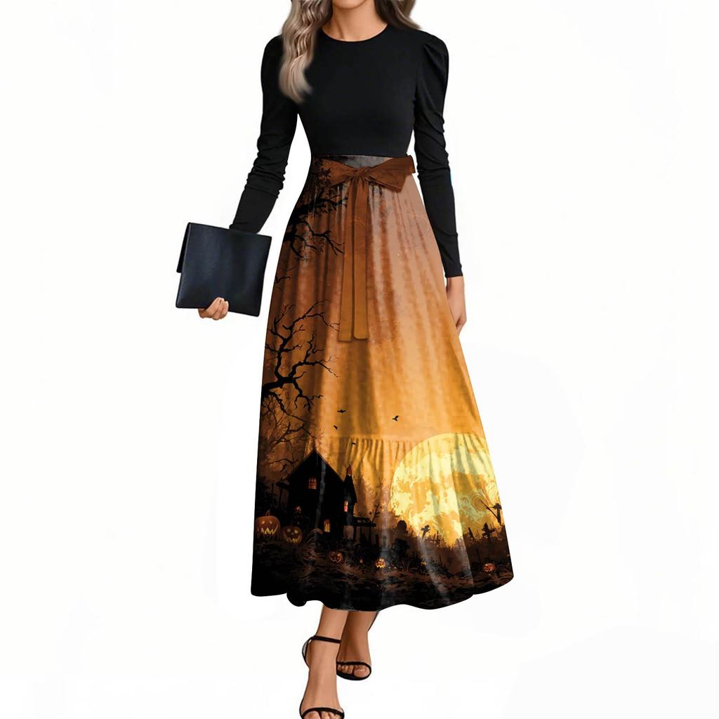 Women's Fashion Casual Belted Long Sleeve Round Neck Halloween Printed Elegant Temperament Dresses