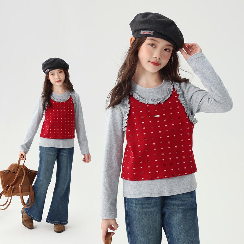 Girls' Faux Two-Piece Lace Trim Long Sleeve T-Shirt