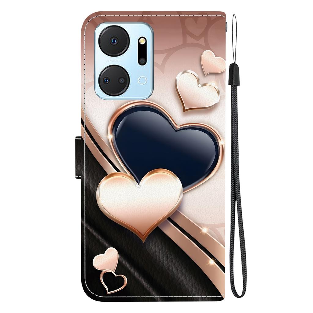 Handmade PU Leather Flip Case for Honor X7a Anti-Slip Shockproof Cover with Wrist Strap & Heart/Rose Cat Designs