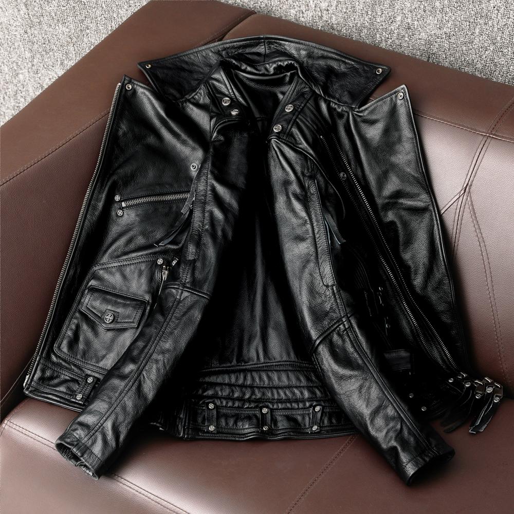 Men Genuine Leather Motorcycle Jacket Heavy Duty Biker Coat with Multiple Zippers