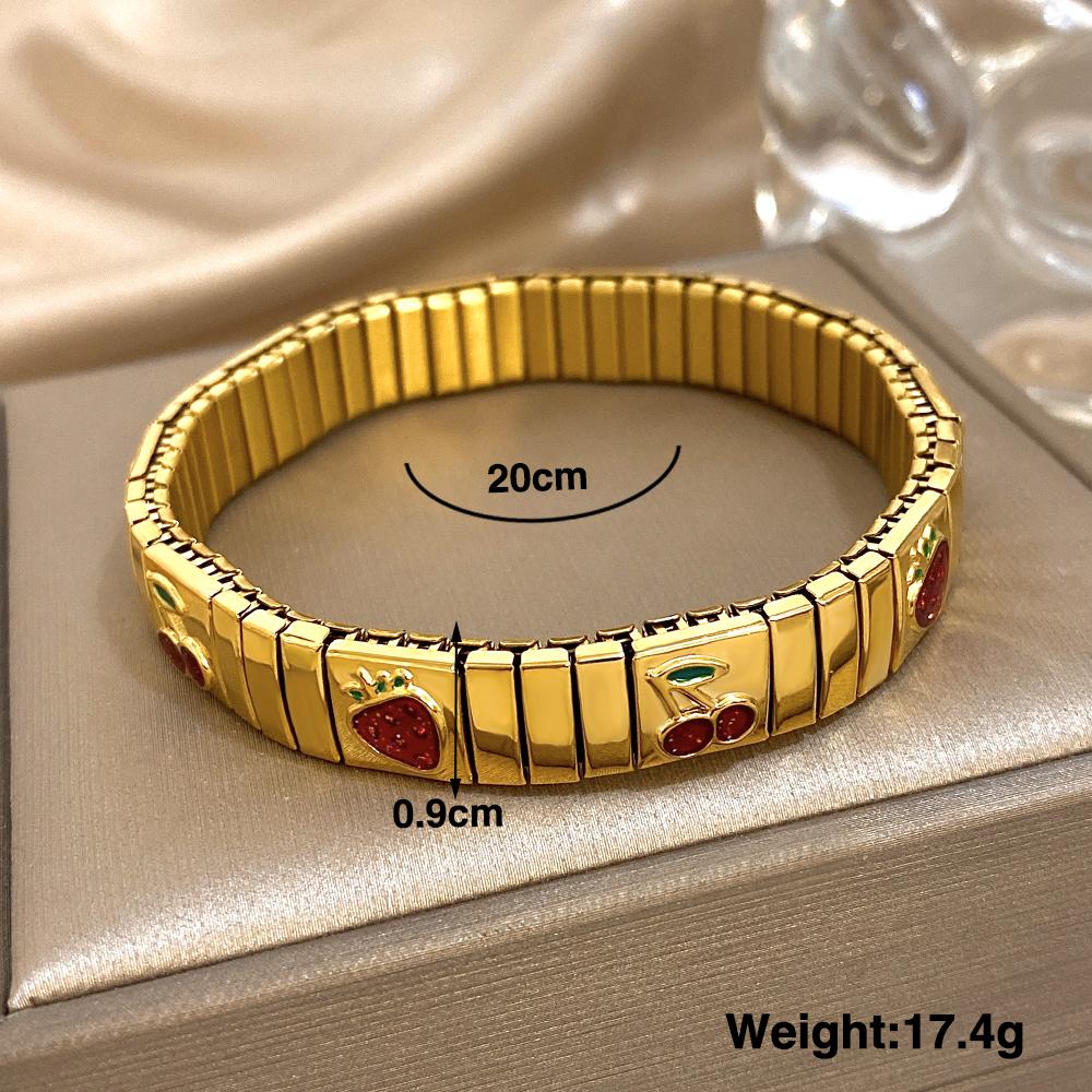 316L Stainless Steel Gold Color Strawberry Cherry Elastic Bangle Bracelet For Women Men Statement New Trend Wrist Zircon Gift