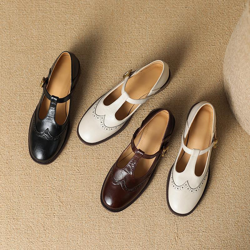 Fashion 2024 New Spring Genuine Leather Women Pumps Shoes for Women Round Toe Chunky Heel Retro Mary Janes Block Leather Shoes Shallow