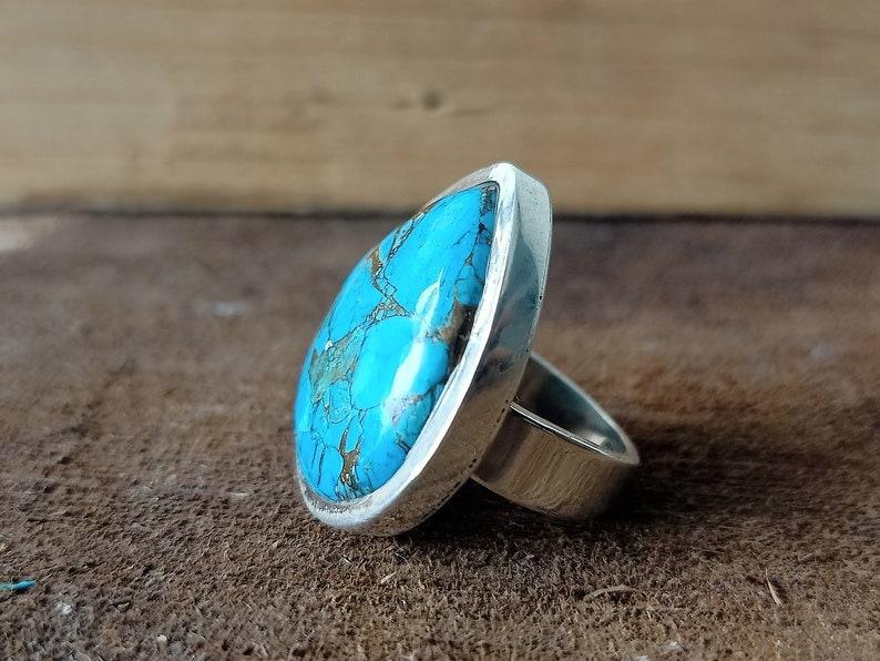 Bague turquoise faite à la main en laboratoire, argent sterling 925, bague poire, bague femme, bague en argent, cadeau d'anniversaire, bague solide