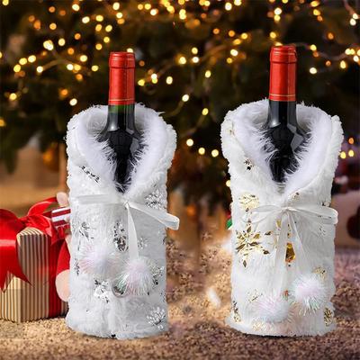 Weihnachts-Weinflaschenhüllen aus Kunstpelz, weihnachtliche, weiße Plüsch-Weinflaschentaschen für Winterurlaub, Party-Flaschendekorationen
