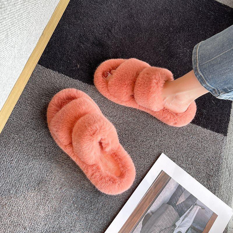 Red cotton mop versatile outer wear one-word heightening fluffy slippers women's thick bottom 2025 autumn plush net new beige