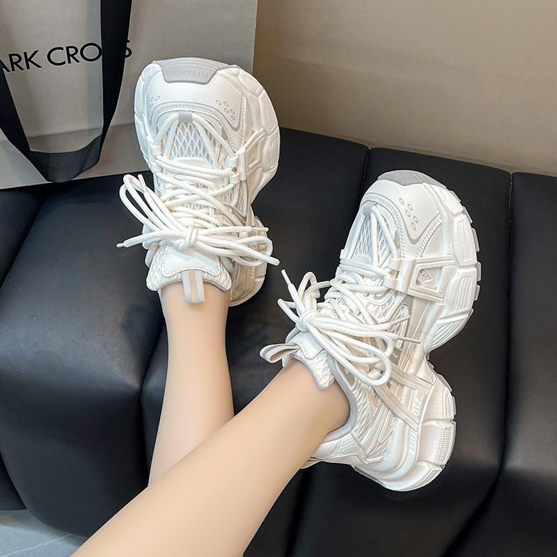 Fashion thick-soled 2025 spring new mesh breathable heightening soft-soled versatile lightweight sports and leisure shoes