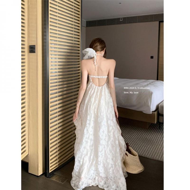 Womens Beach Dress White Maxi Flowy Skirtless Gown With Backless Halter Neckline Vacation Resort Style Loose Fit Elegant Chic Plus Size S-XXL