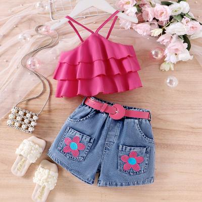 Mädchen Mode Anzug Sommer Kinder Lässig Neckholder Floral Print Shorts mit Gürtel Anzug