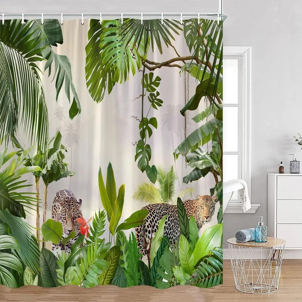 Tropical Animal Shower Curtain Leopard Wild Animal Flamingo Parrot Zebra Green Plant Palm Leaf Bathroom Curtain Decoration W90XH180cm