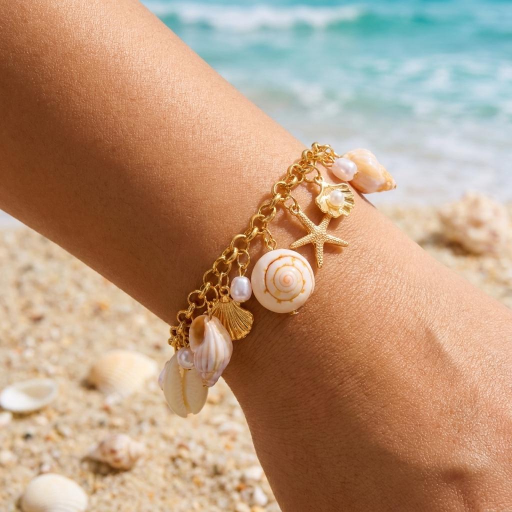 Ocean Style Gold Color Metal Starfish Conch Charm Bracelet For Women Boho Sea Star Imitation Pearl Bangle Summer Beach Jewelry