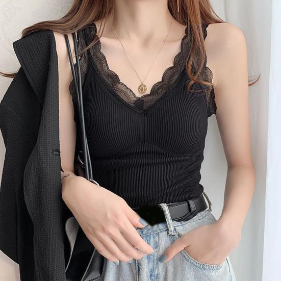 Gilet Termico da Donna con Bordo in Pizzo Foderato in Peluche Scollo a V Senza Maniche Filo Tinta Unita Vestibilità Slim Elastico con Imbottiture sul Petto Sovrapposizione