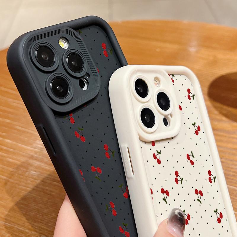 Little Cherry Pattern TPU Soft Matte Phone Case For iPhone 16 Pro Max 15 Pro 14 13 12 11 XR XS Shockproof Lens Protection Bumper Cover