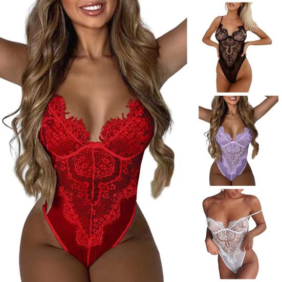 Nightie Bodysuit Lace Stitching Hollow Out Adjustable Straps Jumpsuits Deep V Neck Nightwear No Pads See-through Women Sexy Bodysuit for Themed Party