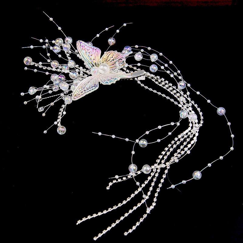 European and American rhinestone handcrafted crown with butterfly fringes and pearl-tipped hairband for wedding hair accessory,